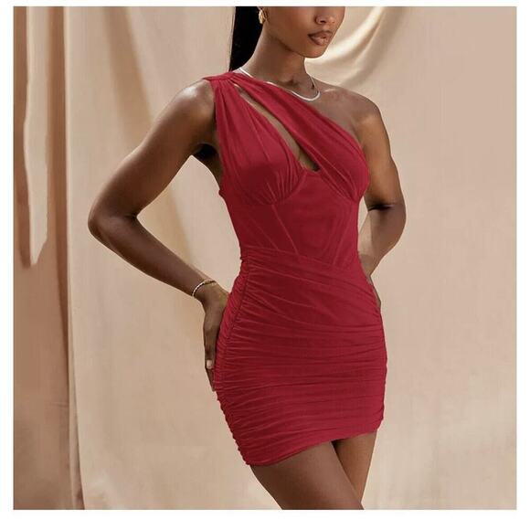 Womens Sexy One Shoulder Cutout Bodycon Corset Mesh Party Club Mini Dress XL New - Picture 2 of 9